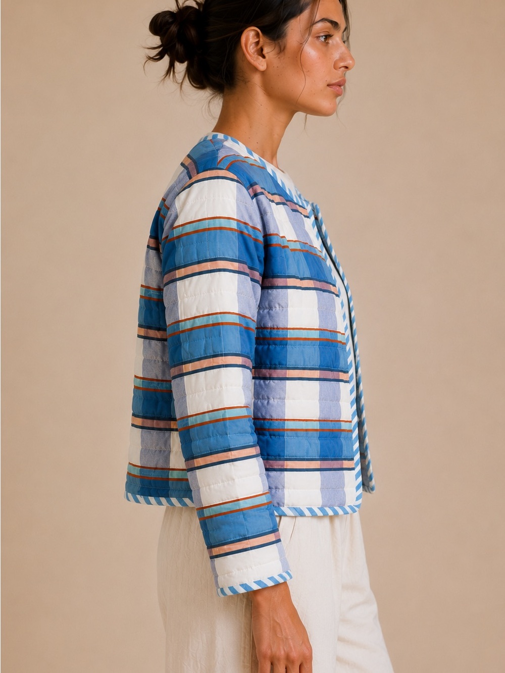 Ace & Jig Quilt Jacket Blue & White Striped Open Front Medium - Picture 4 of 13